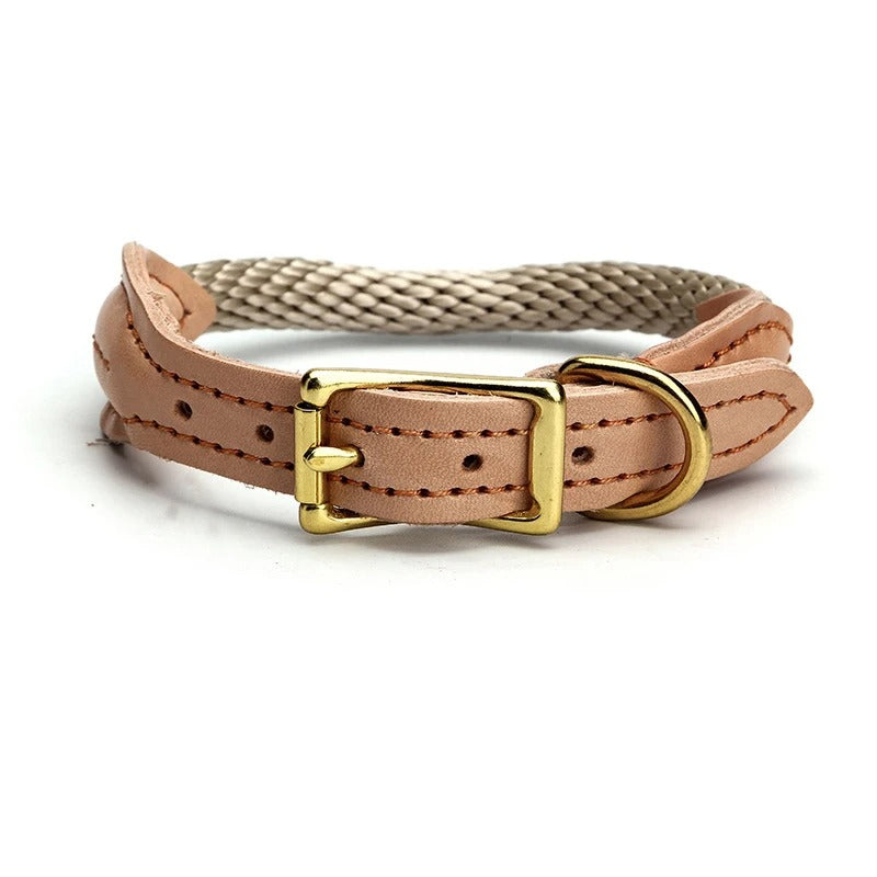 Genuine Leather and Hemp Rope Dog Collar