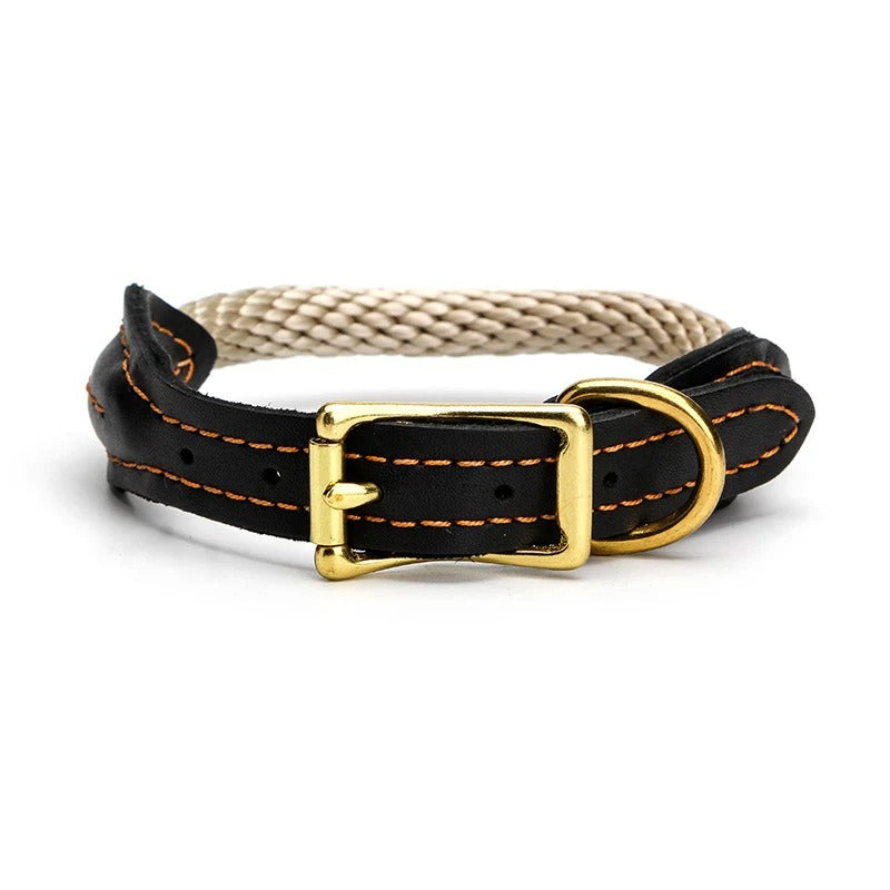 Genuine Leather and Hemp Rope Dog Collar